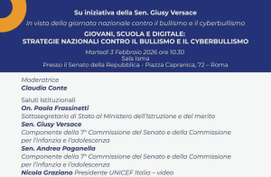 Locandina dell’iniziativa “Giovani, scuola e digitale: strategie nazionali contro il bullismo e il cyberbullismo”, Senato della Repubblica, 3 febbraio 2026.